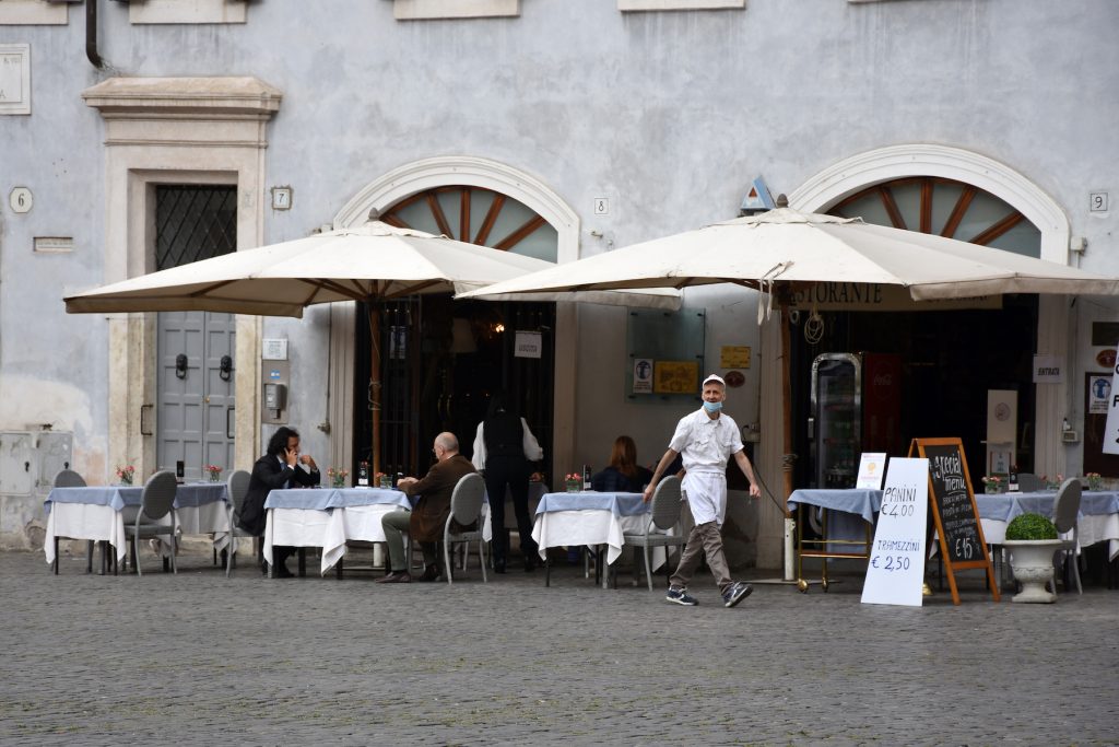 A view of a restaurant open for accepting clients after reopening of restaurants, places of worship, museums, shops amid easing of coronavirus (COVID-19) measures in Rome, Italy on May 18, 2020. Photo by Baris Seckin/Anadolu Agency via Getty Images.