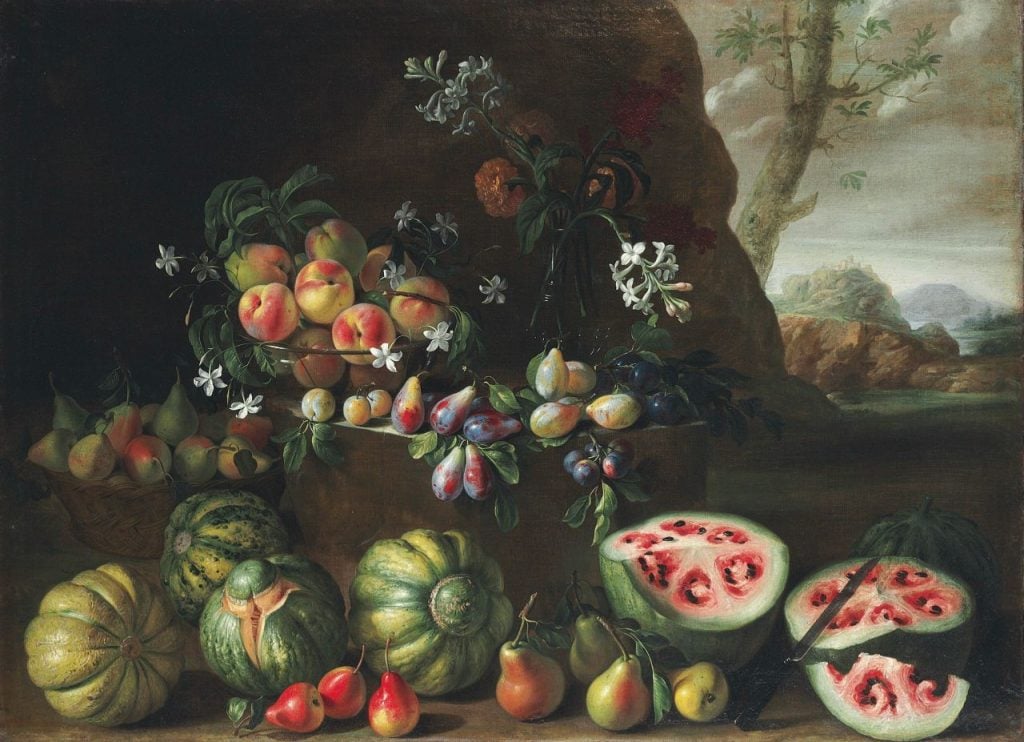 Giovanni Stanchi, Watermelons, peaches, pears and other fruit in a landscape (1645–72). Courtesy of Christie’s.