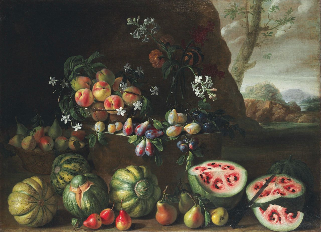 Giovanni Stanchi, Watermelons, peaches, pears and other fruit in a landscape (1645–72). Courtesy of Christie’s.