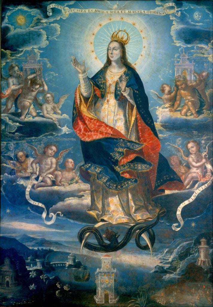 Baltasar de Echave Ibia, The Immaculate Conception. Painting in Mexico, the artist had access to Maya Blue, allowing him to use a color that was prohibitively expensive in Europe. Courtesy of the Museo Nacional de Arte de Mexico.