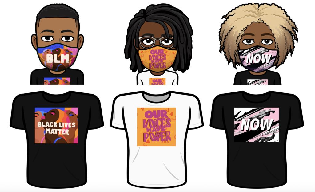 Artists Laci Jordan, Chelsea Alexander, and the collective No Kings have designed "Raise Your Voice" Bitmoji face mask and t-shirt accessories for Snapchat. Photo courtesy of Snapchat and the Rebuild Foundation.