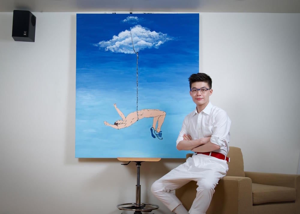Artist Linjie Deng with his painting <i>Gone With Cloud</i>. Image courtesy the artist and Walter's Cube.