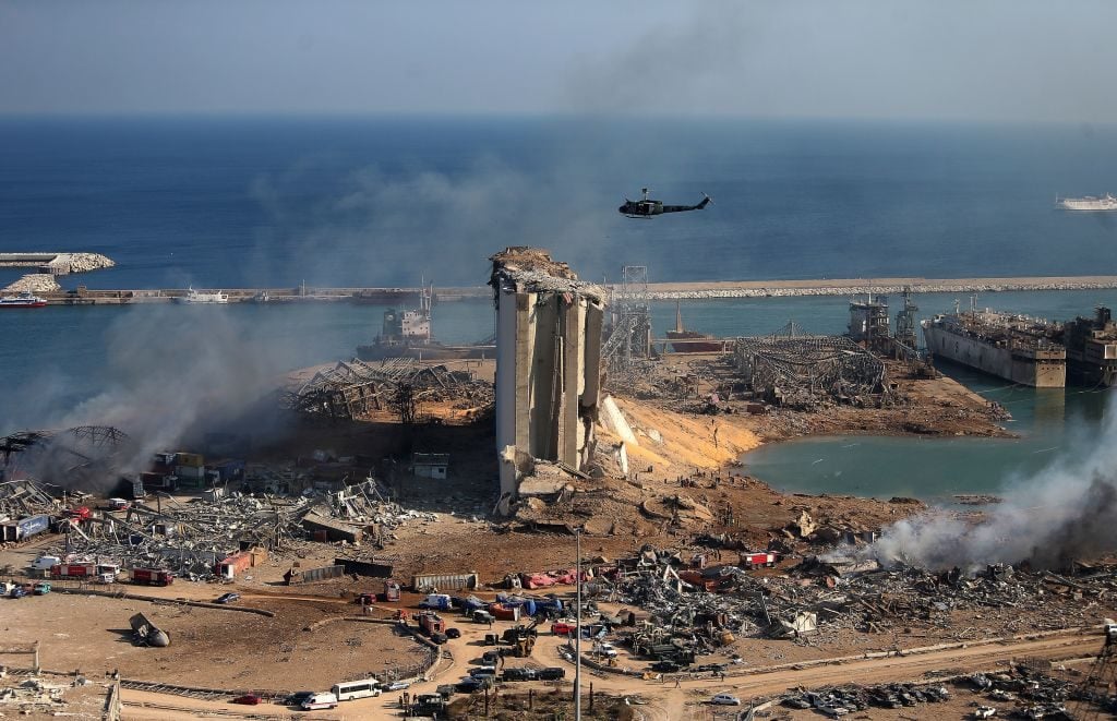 A general view shows the damaged grain silos of Beirut's harbour and its surroundings on August 5, 2020. Photo by STR/AFP via Getty Images.