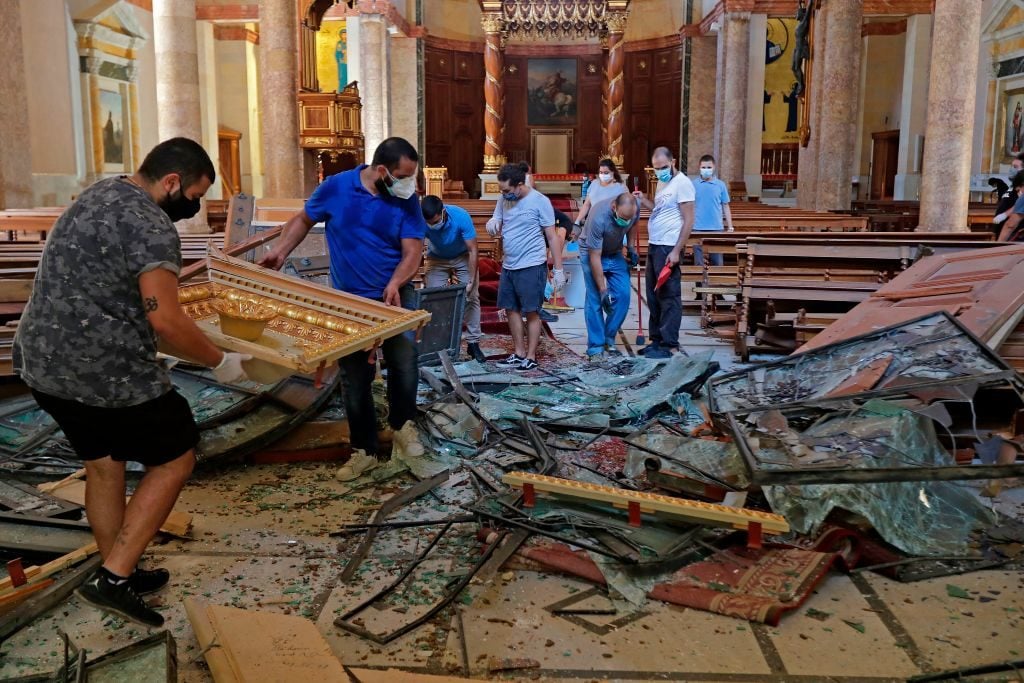 Beirut's Saint George Maronite Cathedral in the aftermath of the blast. Photo by Joseph Eid/AFP via Getty Images.