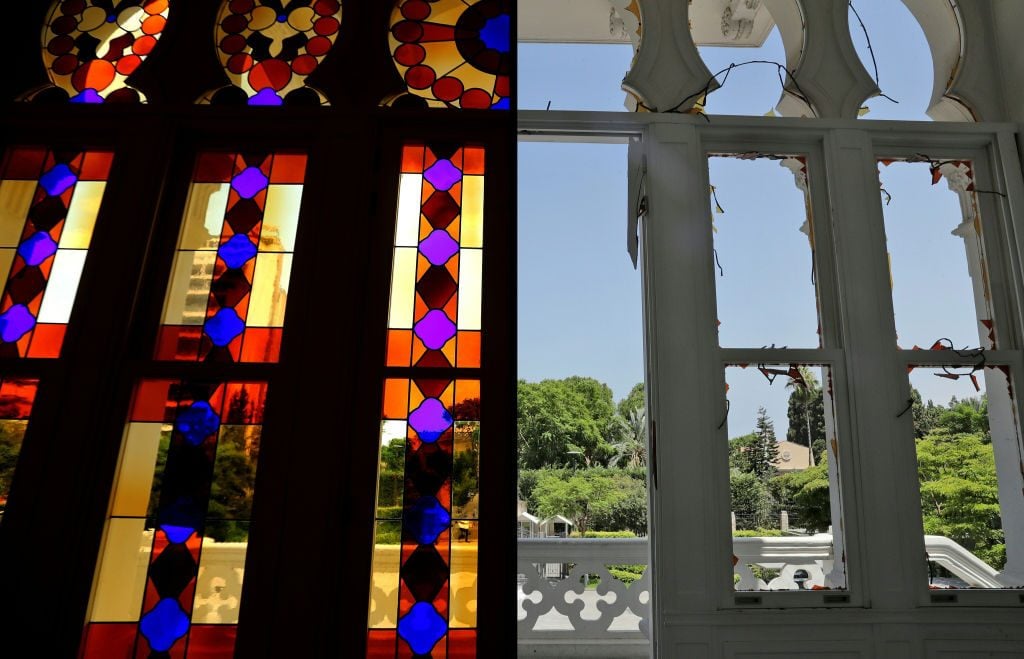 This combination of pictures the stained glass windows at the Sursock Museum before and after the blast at the port of Beirut which ravaged entire neighbourhoods of the city. Photos by Joseph Eid and Anwar Amro /AFP via Getty Images.