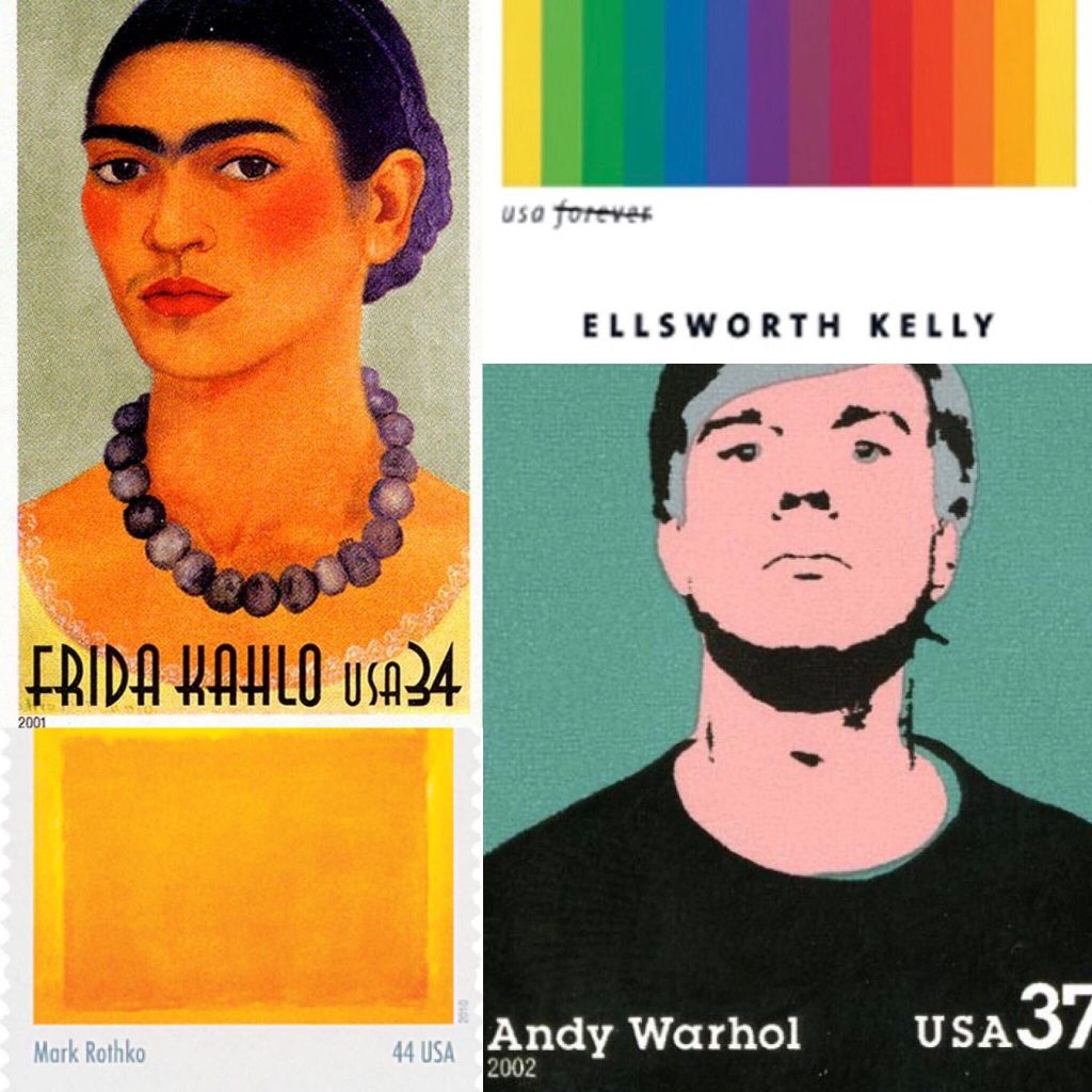 Frida Kahlo, Ellsworth Kelly, Andy Warhol, and Mark Rothko stamps. Courtesy of the US Postal Service.