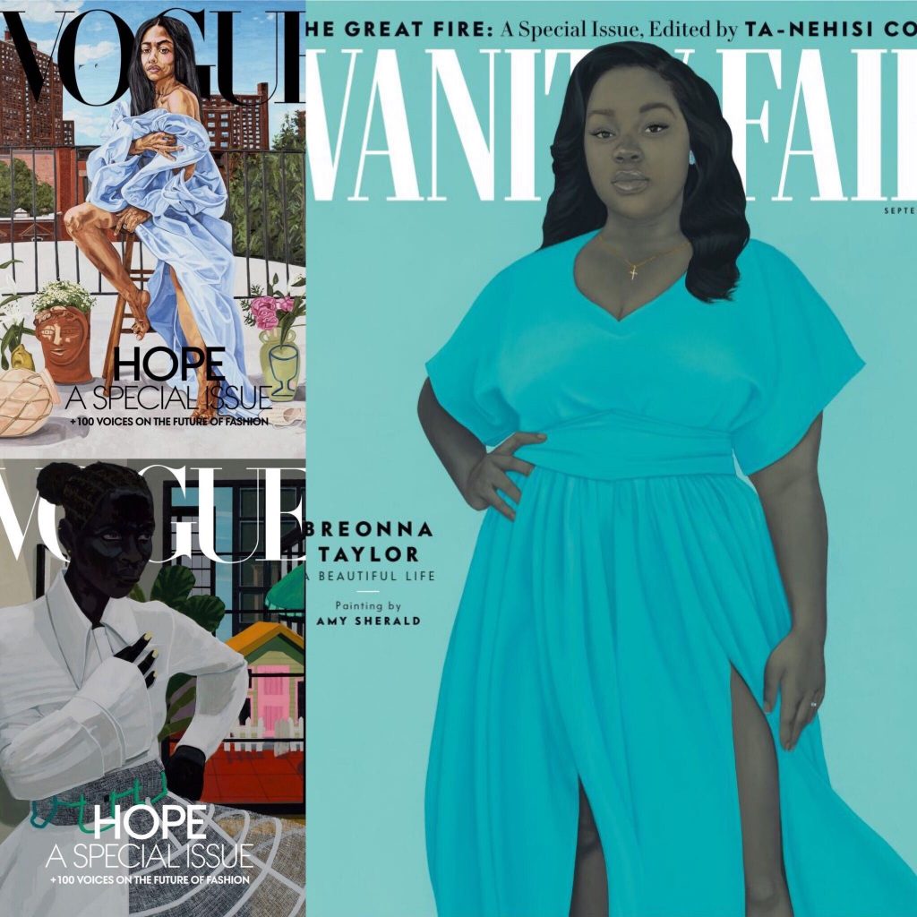 The covers of Vogue and Vanity Fair September issues featuring work by Jordan Casteel, Amy Sherald, and Kerry James Marshall.