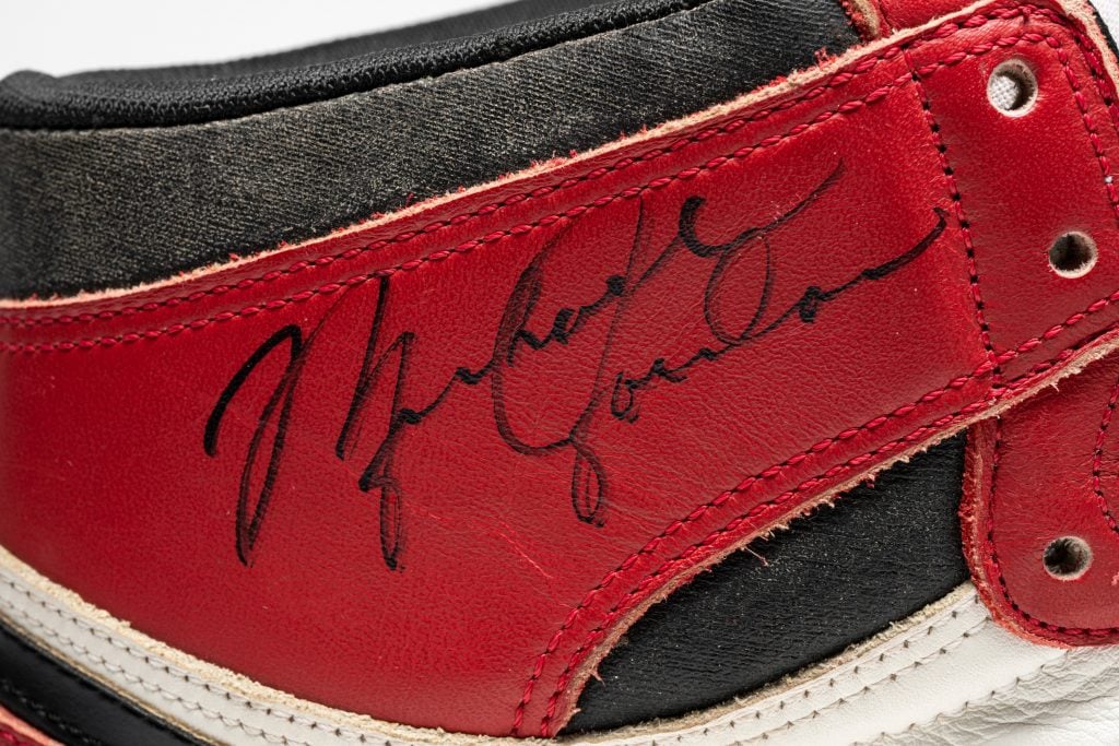 Michael Jordan's signature on the pair of Air Jordan 1 High sneakers. Courtesy of Christie's.