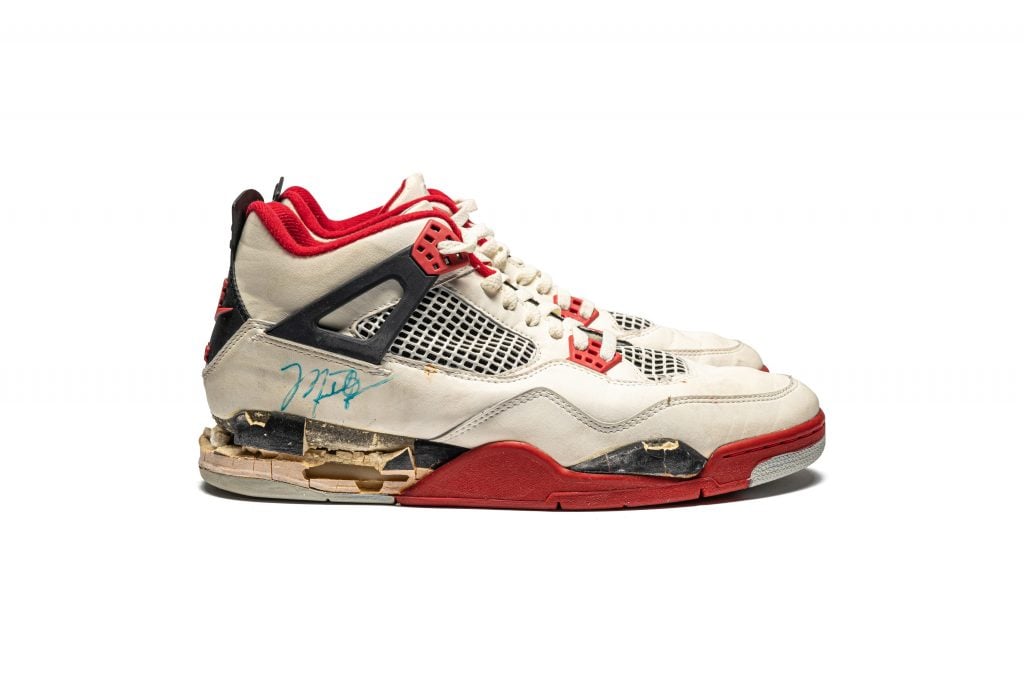 A part of Air Jordan 4 “Fire Red” Player sneakers. Courtesy of Christie's.