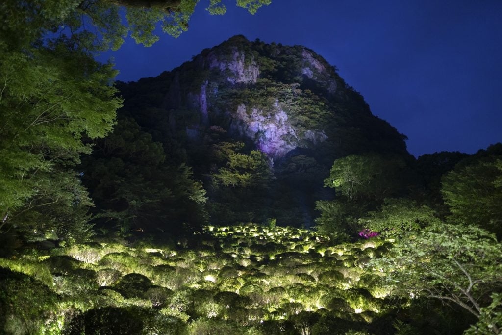 Installation view, "teamLab: A Forest Where Gods Live, 2019" Mifuneyama Rakuen, Takeo Hot Springs, Kyushu © teamLab, courtesy Pace Gallery.