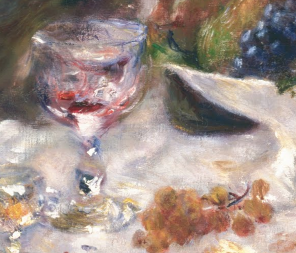 Detail of Renoir's The Luncheon of the Boating Party, showing a glass and grapes on the table.