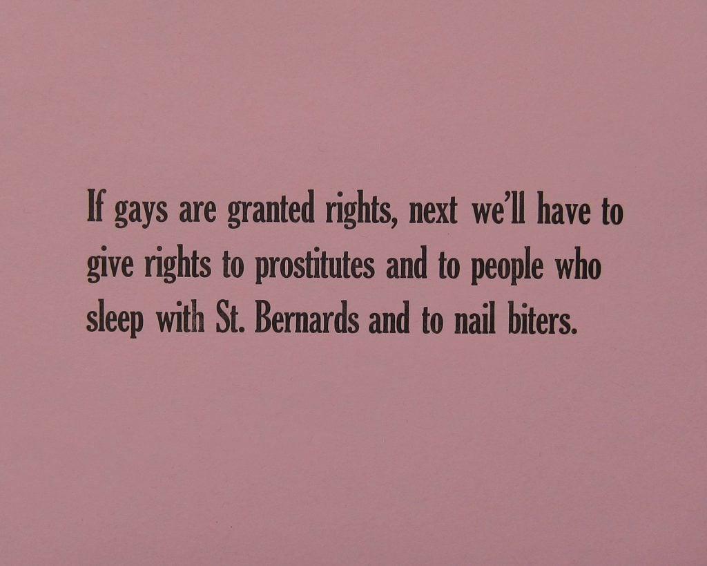 Michelle Vaughan, If Gays are Granted (quote by Anita Bryant) (2020). Courtesy of the artist and Theodore Art.