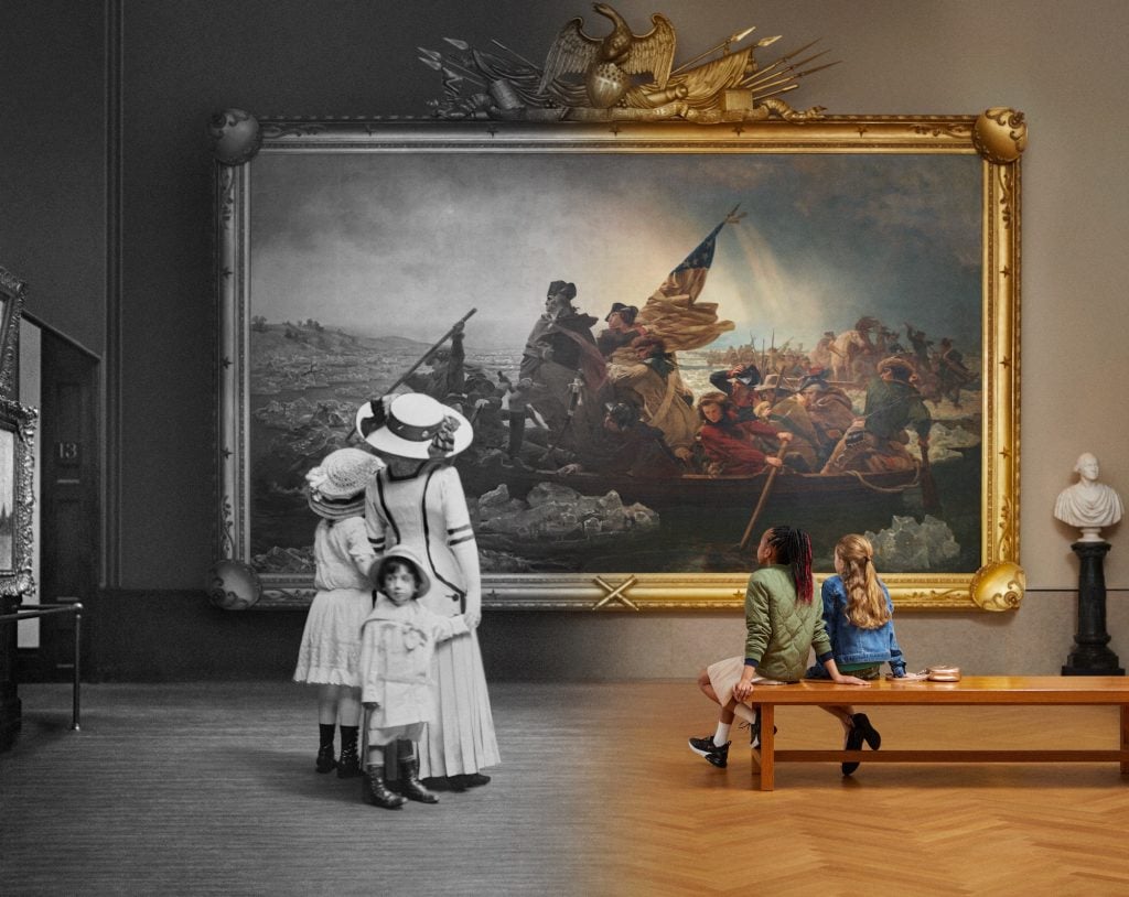 Young 19th- and 21st-century viewers gaze at Washington Crossing the Delaware (1851), by Emanuel Leutze. Left, archival photo from the Met archives. Right, photo by Roderick Aichinger. Composite image courtesy of the Metropolitan Museum of Art, New York.