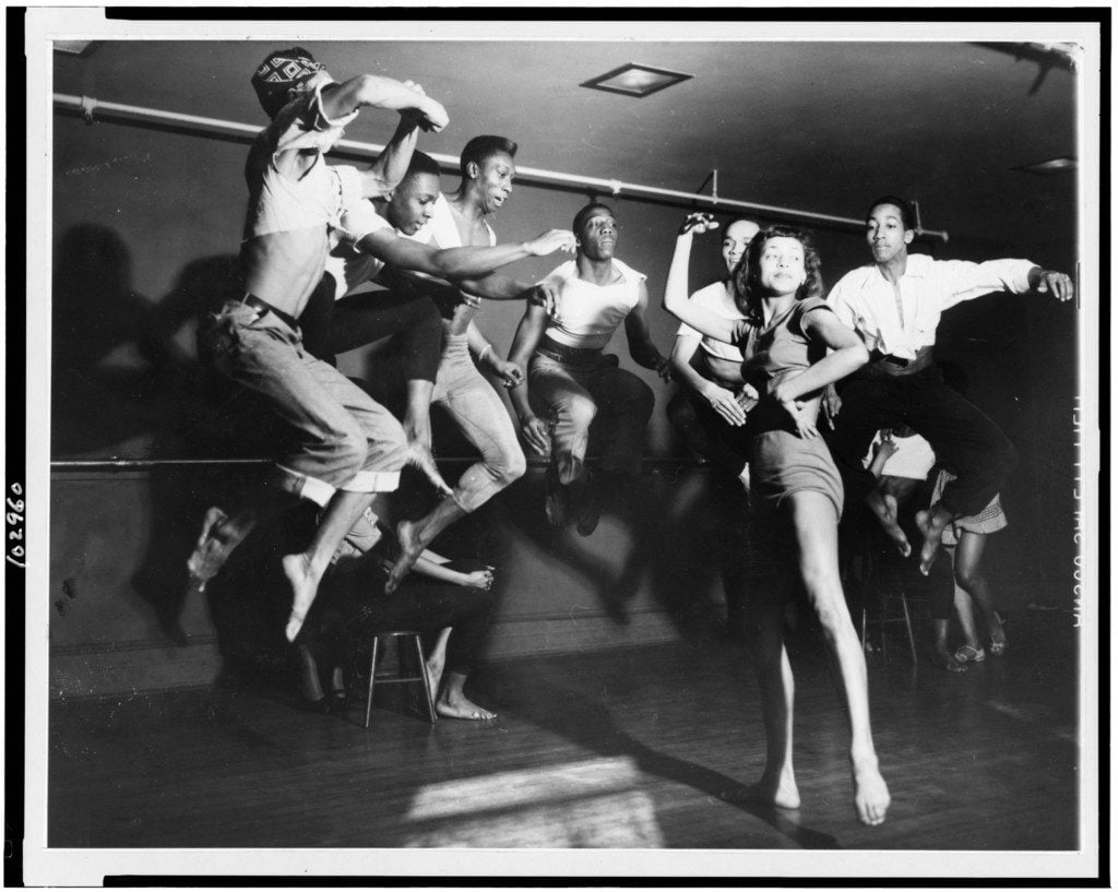 A group of Katherine Dunham Dancers mid-rehearsal in New York in 1946. Courtesy of the Library of Congress via Picryl.