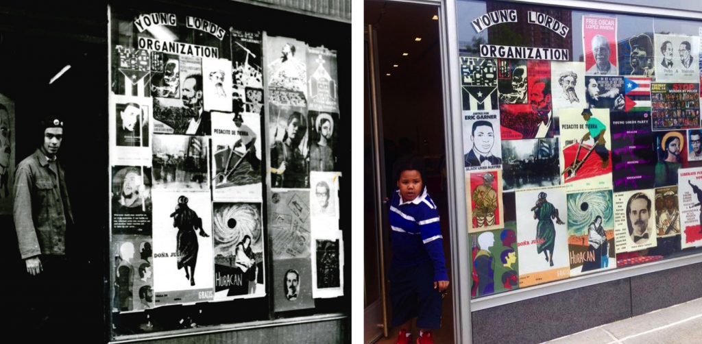 Recreation of the original storefront window of the Young Lords Party in East Harlem, 2015 Hunter East Harlem Gallery. Left: Juan Gonzalez at the original headquarters of the Young Lords Party in East Harlem, 1969, by Hiram Maristany ©. Courtesy of Miguel Luciano.