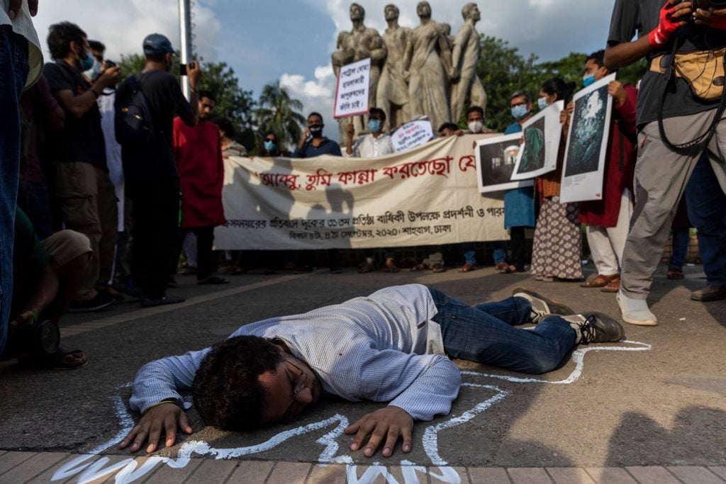 A demonstrator at the University of Dhaka on September 4. Courtesy of Drik, via Facebook. Photo: Habibul Haque.