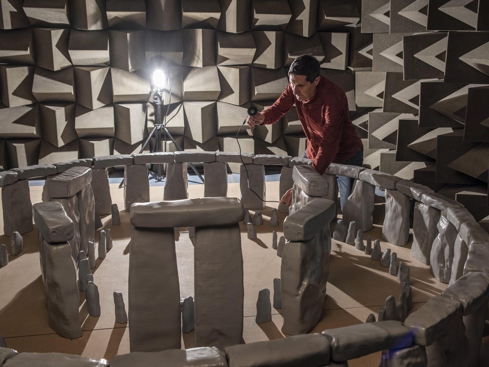 Acoustical engineer Trevor Cox works with a scale model of Stonehenge in a sound chamber at the University of Salford, Manchester. Photo courtesy of the Acoustics Research Centre/University of Salford, Manchester.