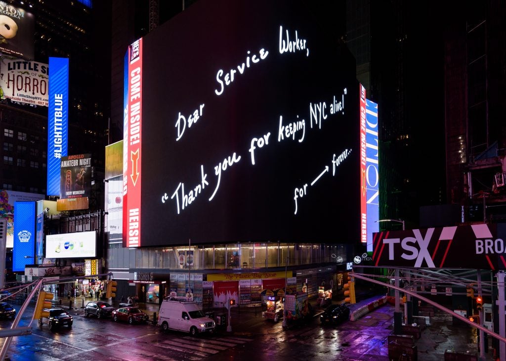 Mierle Laderman Ukeles, For⟶forever... (2020). Photo ©Mierle Laderman Ukeles by Ian Douglas/Times Square Arts.