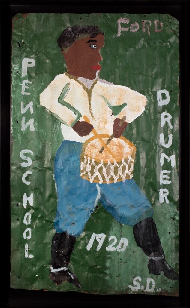 Sam Doyle, <em>Penn School Drumer 1920</em> (late 1960s–early 1970s). Collection of Audrey B. Heckler as seen in "Memory Palaces: Inside the Collection of Audrey B. Heckler" at the American Folk Art Museum, New York. Photo ©Visko Hatfield, courtesy of the Foundation to Promote Self Taught Art and Rizzoli International Publications, Inc.