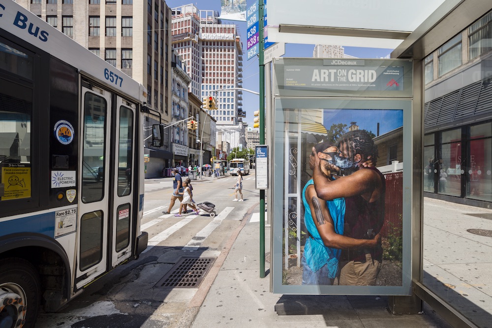 D’Angelo Lovell Williams, <i>Undetectable</i> (2020). Part of Public Art Fund's "Art on the Grid," installed at Fulton Street and Jay Street, Brooklyn. Photo by Nicholas Knight, courtesy the artist and Higher Pictures Generation/Janice Guy, and Public Art Fund.