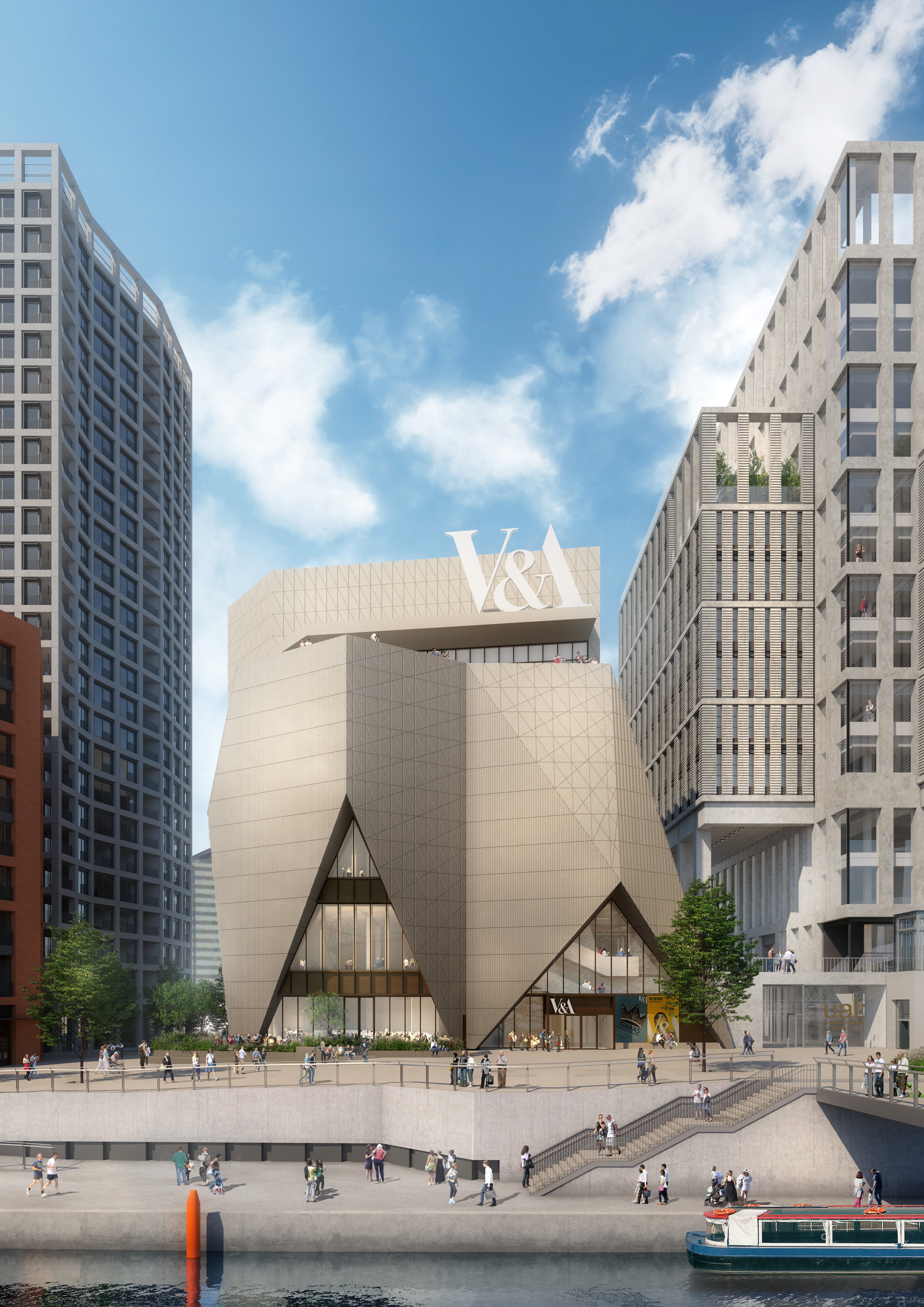 External render view of the new V&A museum at Stratford Waterfront, designed by O’Donnell + Tuomey © O’Donnell + Tuomey, Ninety90, 2018