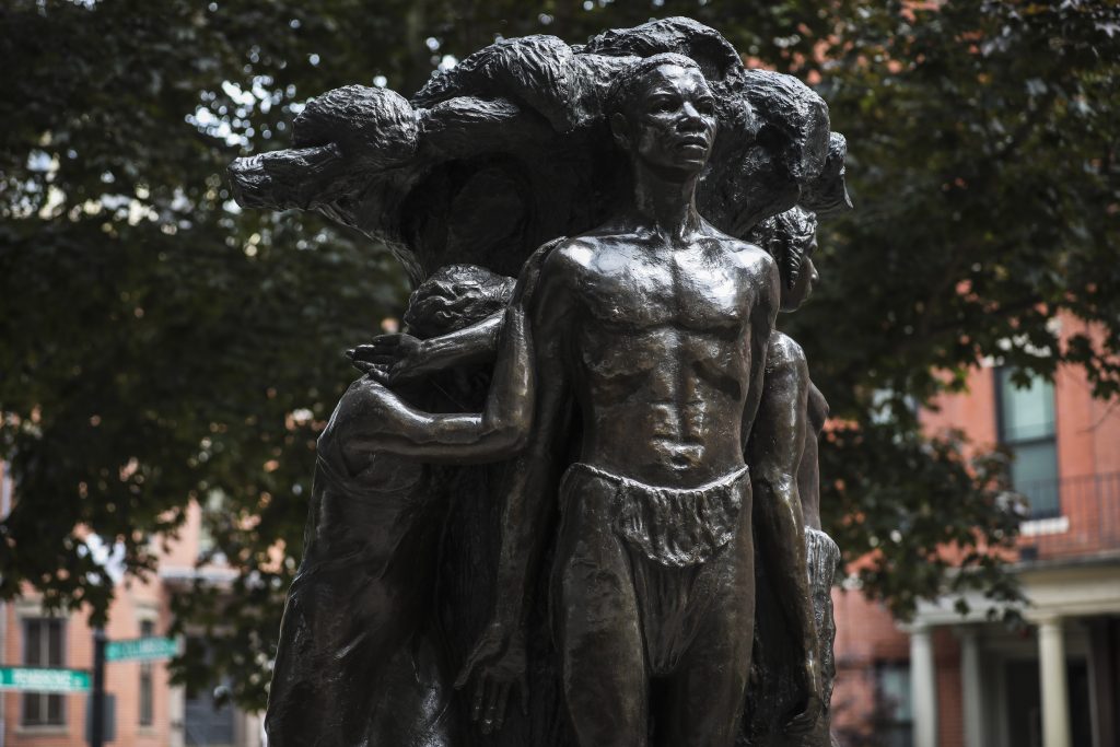 Meta Vaux Warrick Fuller's sculpture at Harriet Tubman Square in Boston is pictured on July 10, 2020. "Emancipation" was created as a plaster version in 1913 for Commemoration of the Emancipation Proclamation. (Photo by Erin Clark/The Boston Globe via Getty Images)