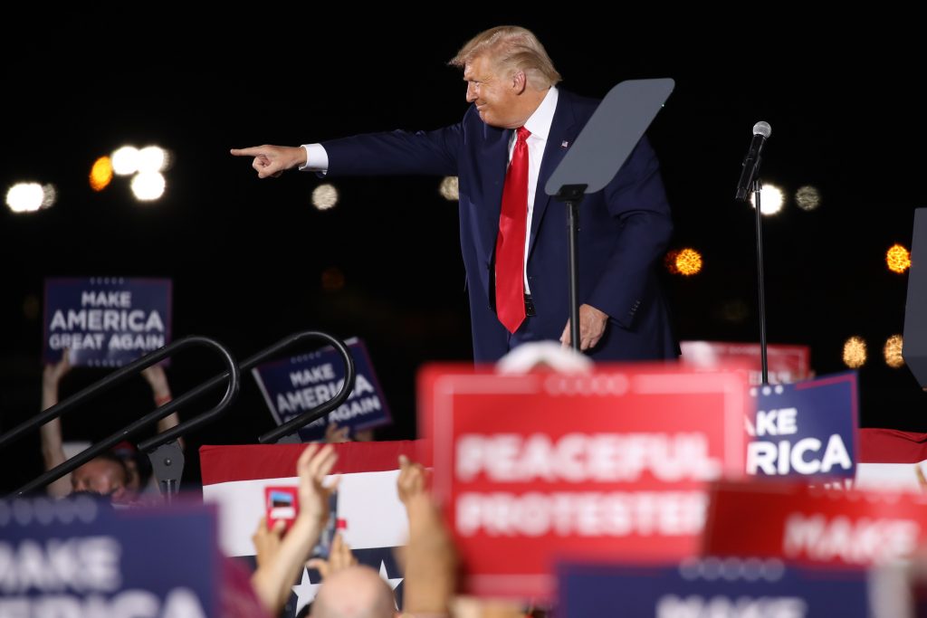 President Donald Trump speaks at an airport hanger at a rally a day after he formally accepted his party’s nomination at the Republican National Convention on August 28, 2020 in Londonderry, New Hampshire. (Photo by Spencer Platt/Getty Images)