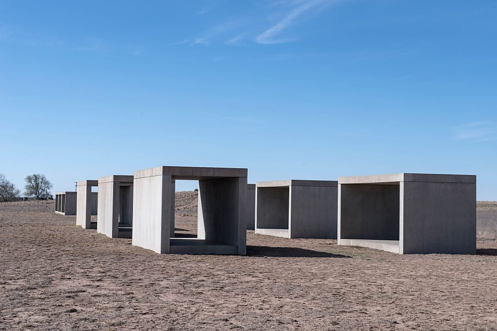 Works by Donald Judd on the grounds of the Chinati Foundation in Marfa. Photo by Carol M. Highsmith/Buyenlarge/Getty Images).