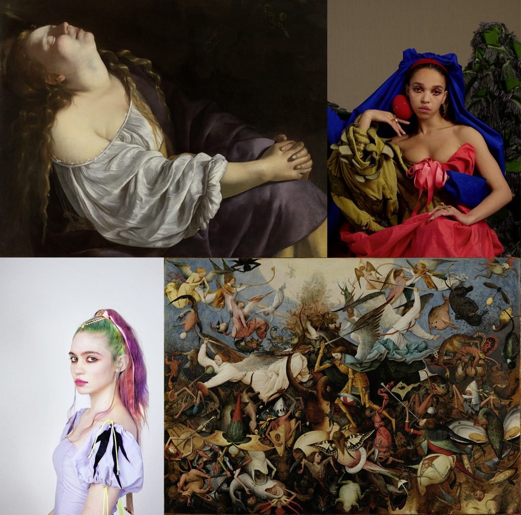 Clockwise from top left: Artemisia Gentileschi, Mary Magdalene in Ecstasy; FKA Twigs, by Matthew Stone; Grimes; Pieter Bruegel the Elder, The Fall of the Rebel Angel (1562). Courtesy of Google.