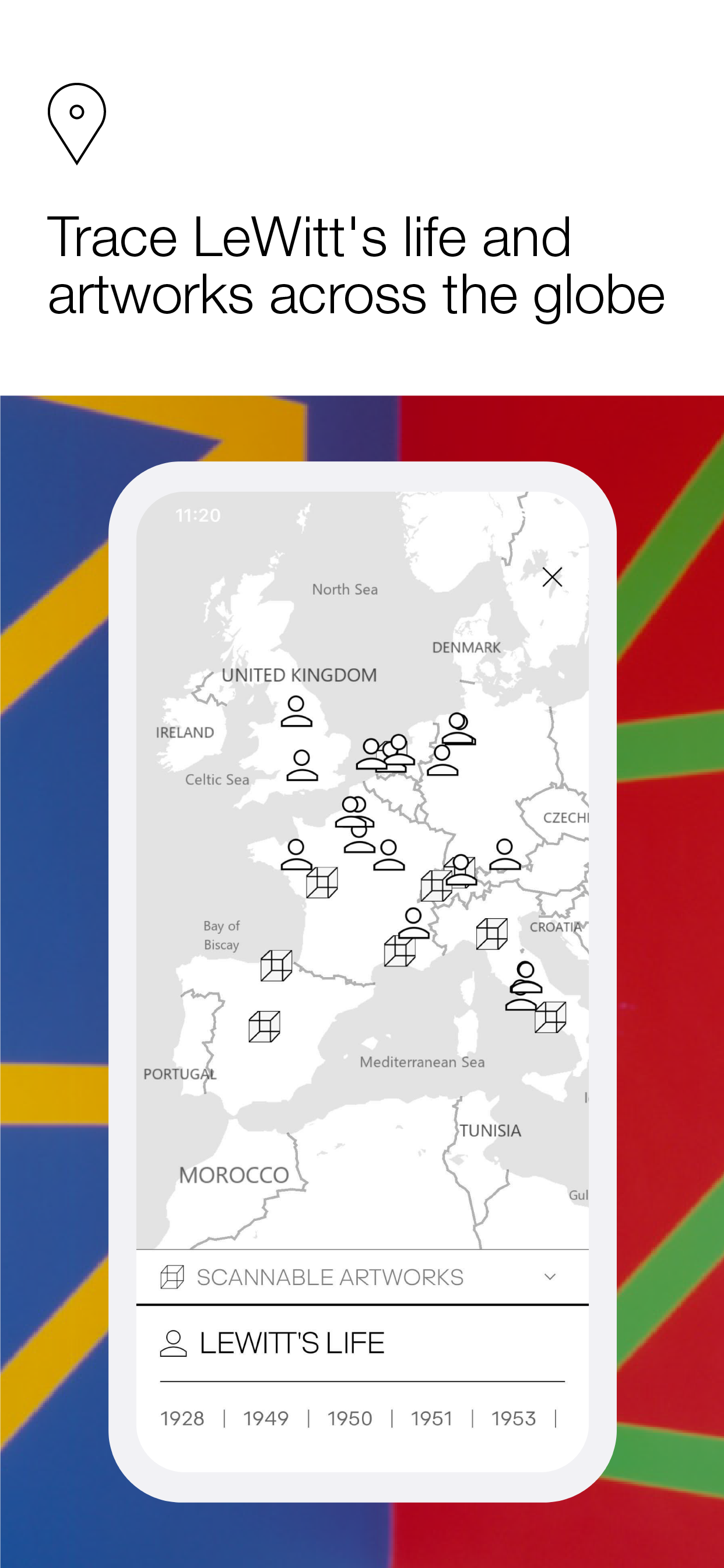The Sol LeWitt app offer a map with milestones from his life and locations of some of his key works. Photo courtesy of Microsoft. 