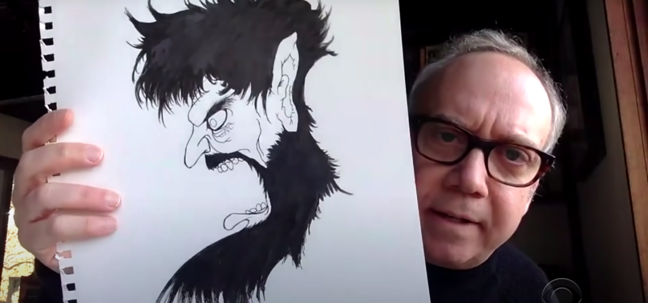 Paul Giamatti showing off a recent drawing on The Late Show with Stephen Colbert.