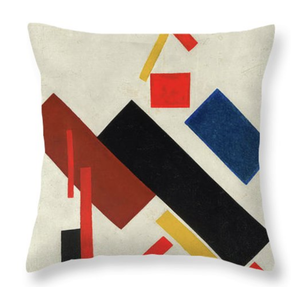 Throw pillow with House Under Construction (1916) by Kazimir Malevich. Courtesy of Fine Art America.