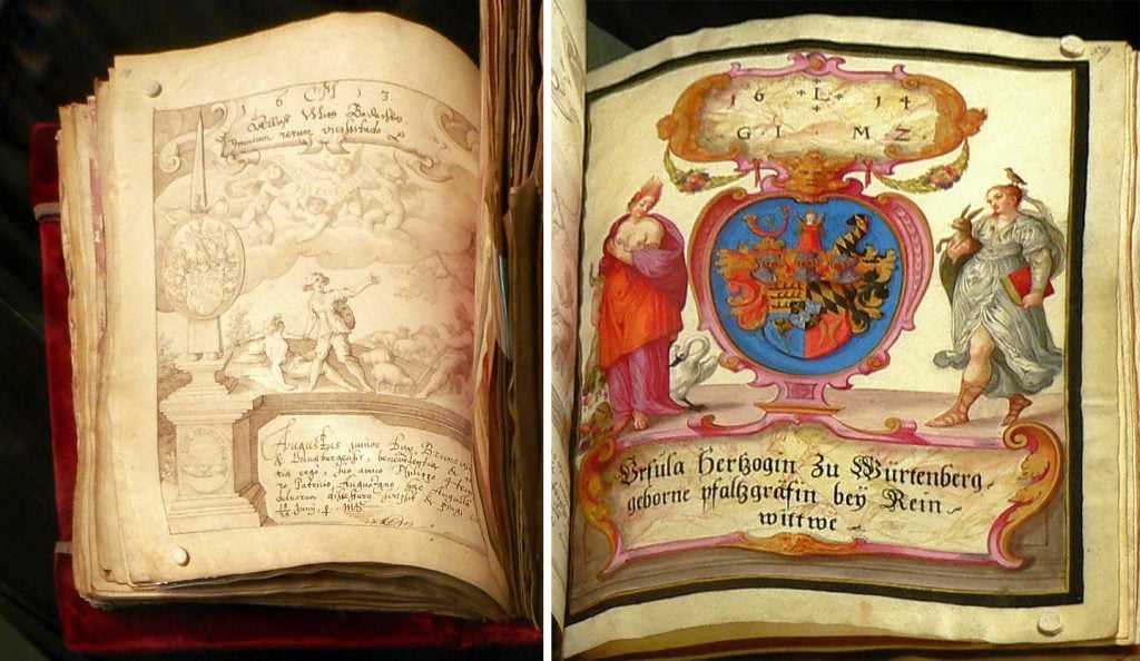 Philipp Hainhofer's <em>Das Große Stammbuch</eM> featuring the signatures of August II of Braunschweig-Lüneburg (1613) and Ursula Duchess of Württemberg (1614). Photo courtesy of the Herzog August Bibliothek Wolfenbüttel (HAB).