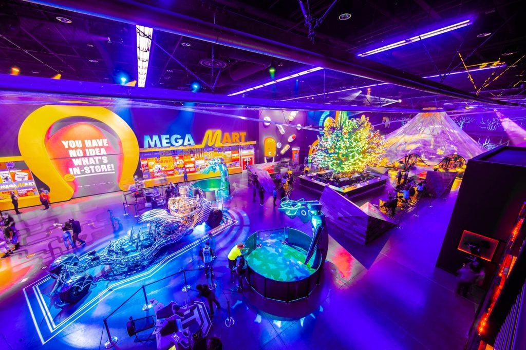 The entrance to Meow Wolf's Omega Mart and some of the other artworks and attractions at Area15. Photo by Peter Ruprecht. 