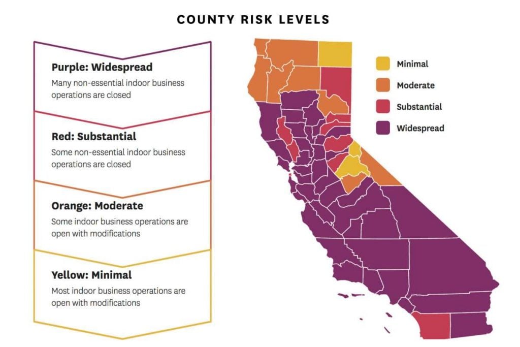 California's new “Blueprint for a Safer Economy” presents a new color-coded set of reopening guidelines based on the spread of the coronavirus. Courtesy of the state of California. 