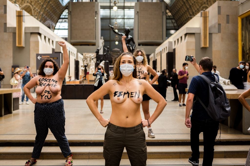 FEMEN staged a topless protest at Paris's Musée d'Orsay in response to what it views as the institution's discrimination against a woman visitor in a low-cut dress. Photo by Capucine Henry, courtesy of FEMEN.