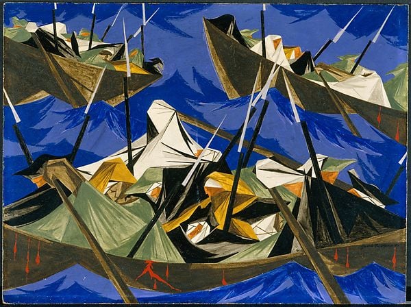 Jacob Lawrence, <em>We crossed the River at McKonkey's Ferry 9 miles above Trenton ... the night was excessively severe ... which the men bore without the least murmur...-Tench Tilghman, 27 December 1776/Struggle Series - No. 10: Washington Crossing the Delaware</em> (1954). Courtesy of the Metropolitan Museum of Art. 