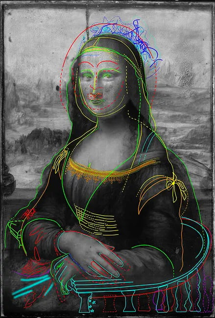 Scans of Leonardo da Vinci's <em>Mona Lisa</em> reveal hidden secrets including a spolvero underdrawing. Photo courtesy of Pascal Cotte. 