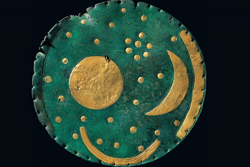 The Nebra Sky Disc. Photo courtesy of the Landesmuseum für Vorgeschichte (State Museum for Prehistory) in Halle, Germany.