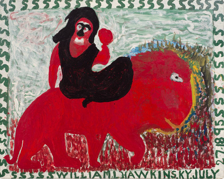 A naive painting by William Hawkins of a figure riding a large red animal