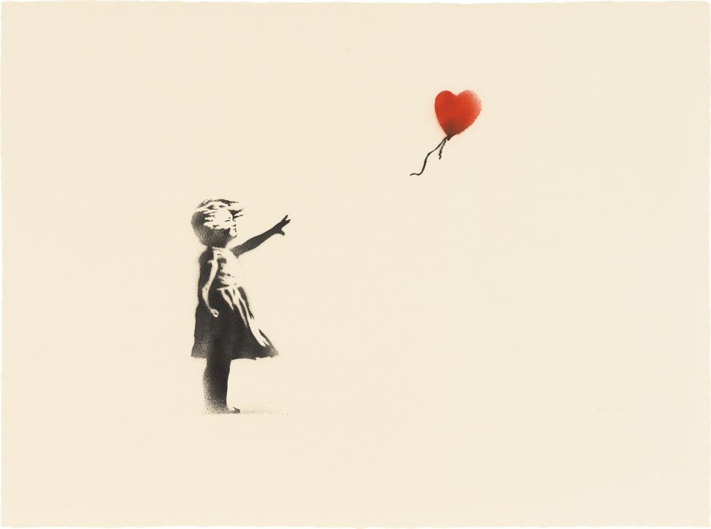 Banksy, <i>Girl with Balloon & Morons Sepia</i> (2007). Courtesy Phillips.