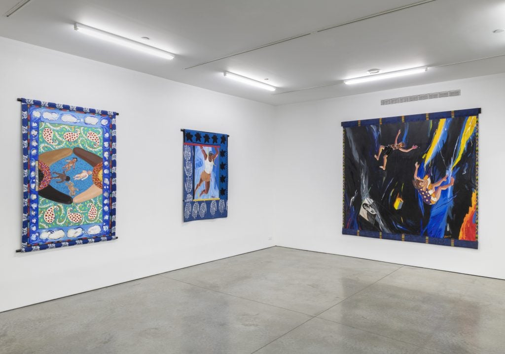 Installation view of Emma Amos's "Falling Figures" at Ryan Lee. Courtesy of Ryan Lee. 