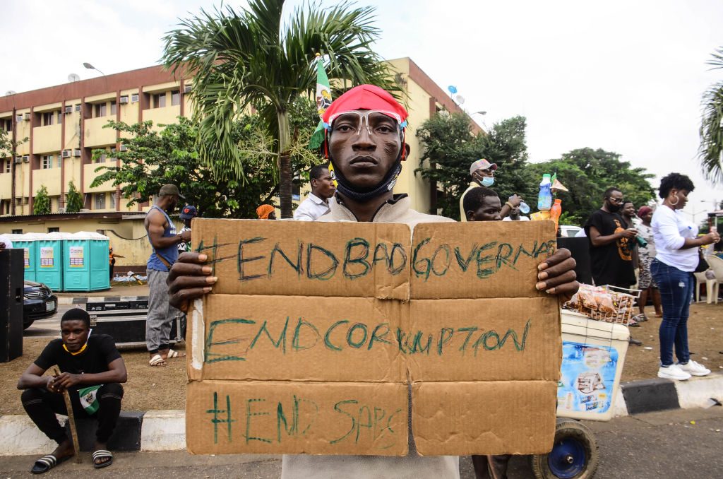 Protesters demonstrate against police brutality in Lagos on October 19, 2020. Photo by Olukayode Jaiyeola/NurPhoto via Getty Images.