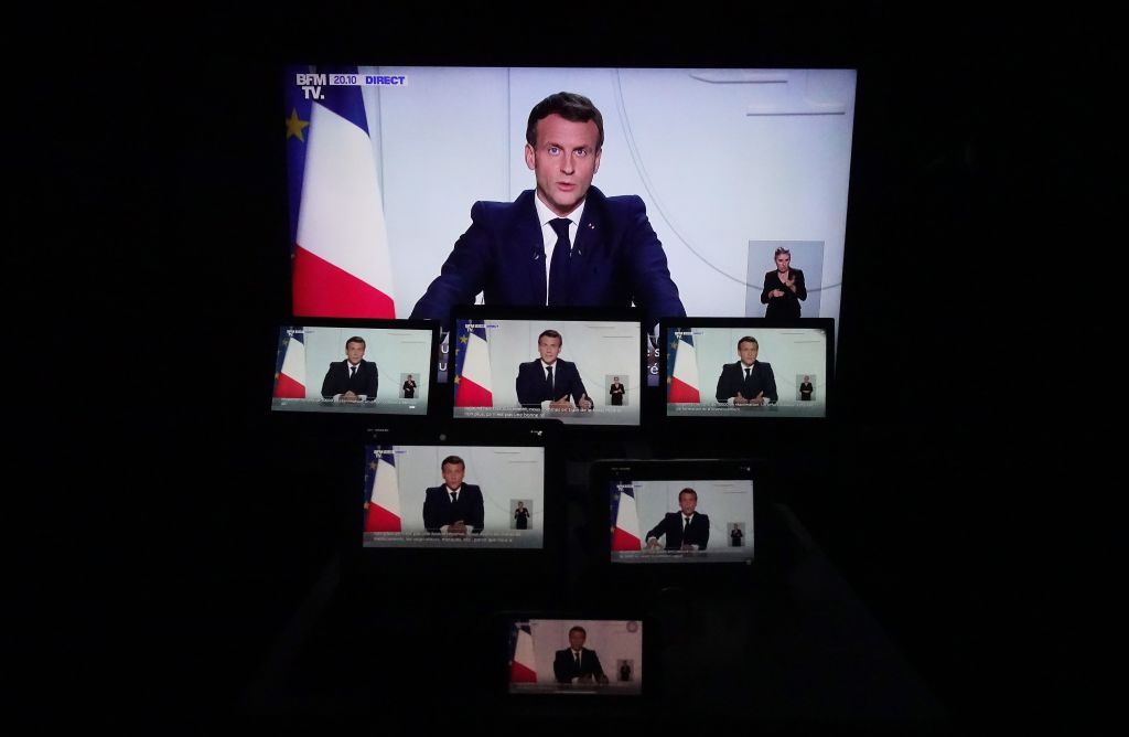 French President Emmanuel Macron delivering a televised speech. Photo: Gao Jing/Xinhua via Getty.