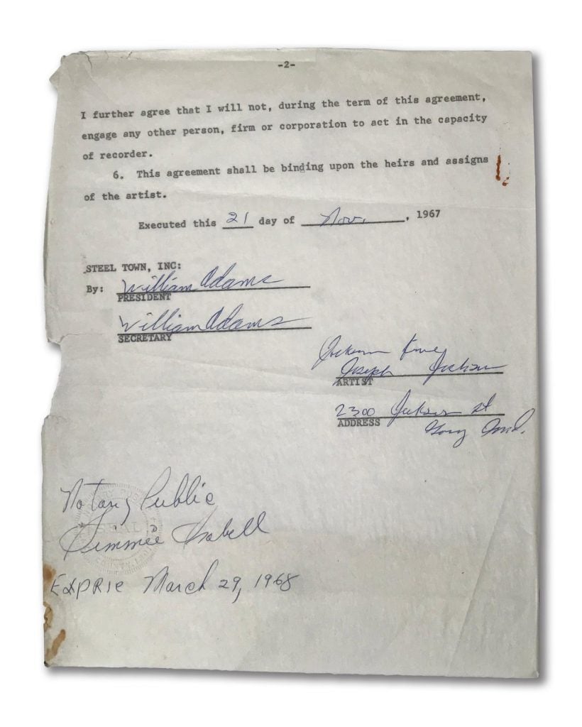 The Jackson 5's first label contract, 1967. Courtesy of Guernsey’s.