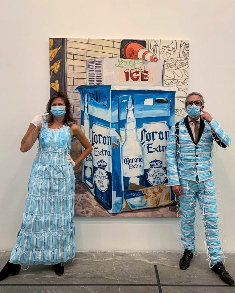 Adrian Wilson and Heidi Hankaniemi, <em>Wear a Mask</em> at the New Museum's Jordan Casteel show. Photo by Tudor Vasilescu.