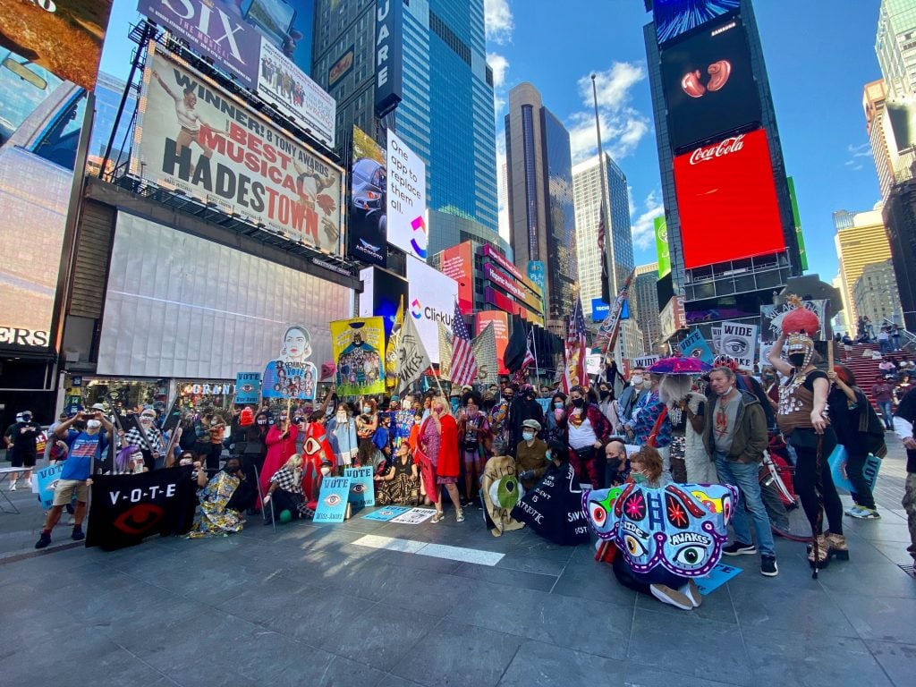 Michele Pred's Vote Feminist March in Times Square for the Wide Awakes. Photo by Sarah Cascone. 