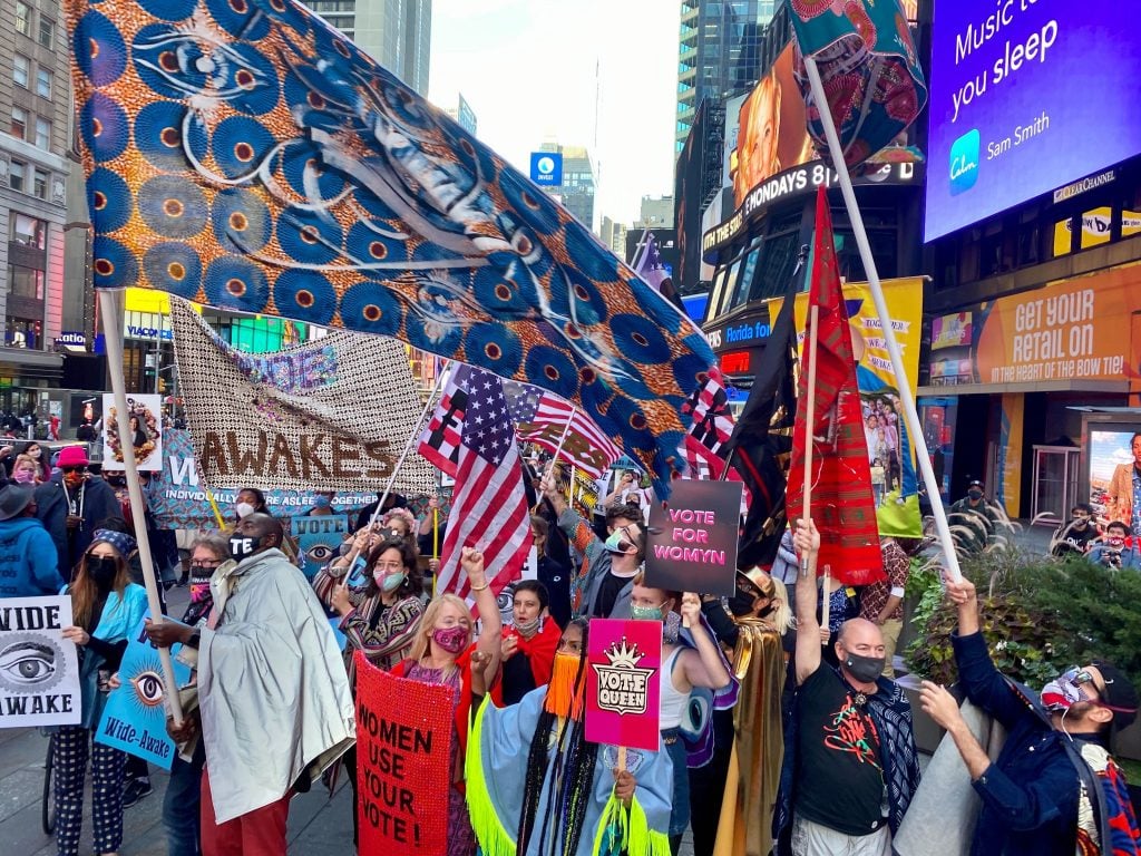 Michele Pred's Vote Feminist March in Times Square for the Wide Awakes. Photo by Sarah Cascone. 