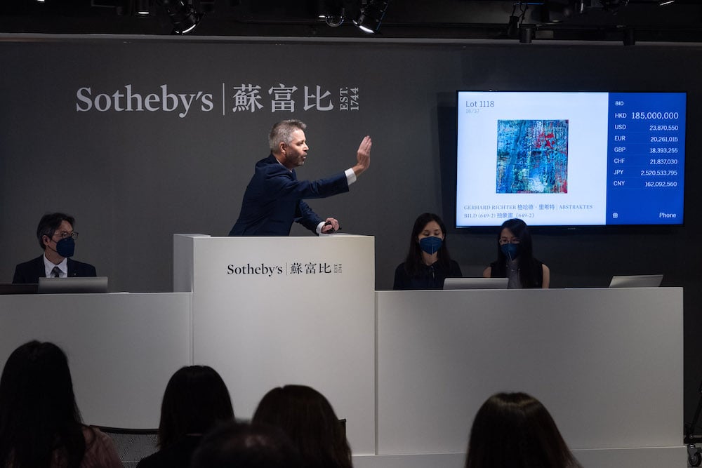 Auctionee Ian McGinley at Sotheby's evening contemporary sale in Hong Kong. Image courtesy Sotheby's.