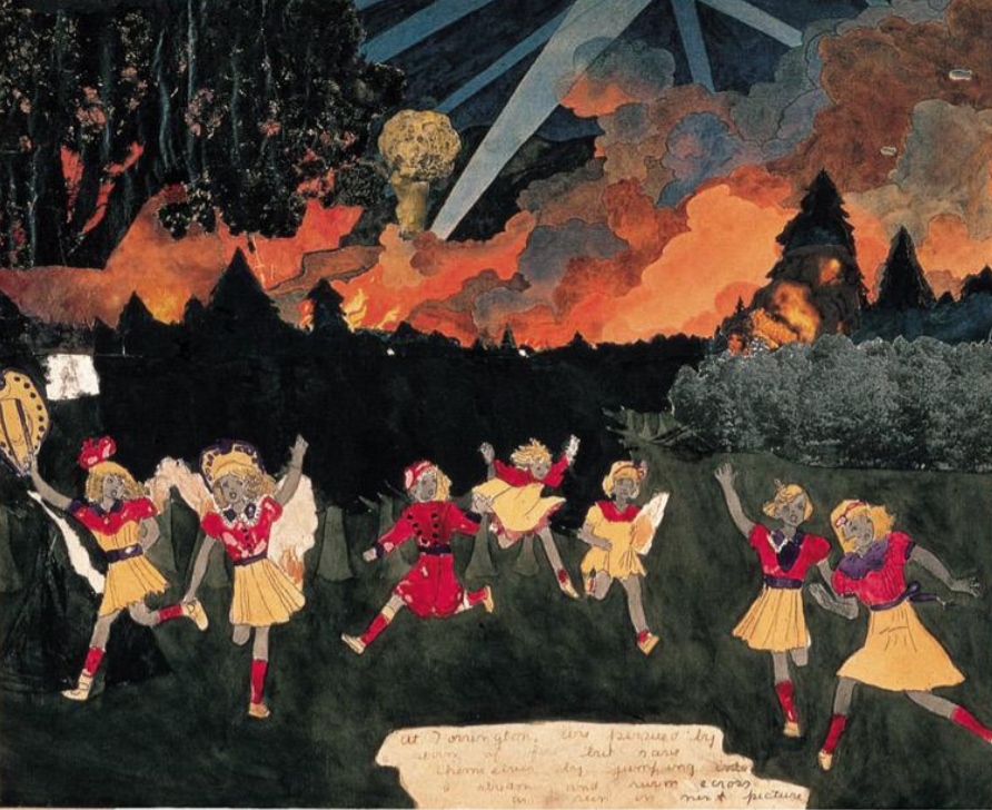 Detail of Henry Darger's AT SUNBEAM CREEK. are with little girl refugees again in peril from forest fires. but escape this also, but half naked and in burned rags. Courtesy of the Folk Art Museum.